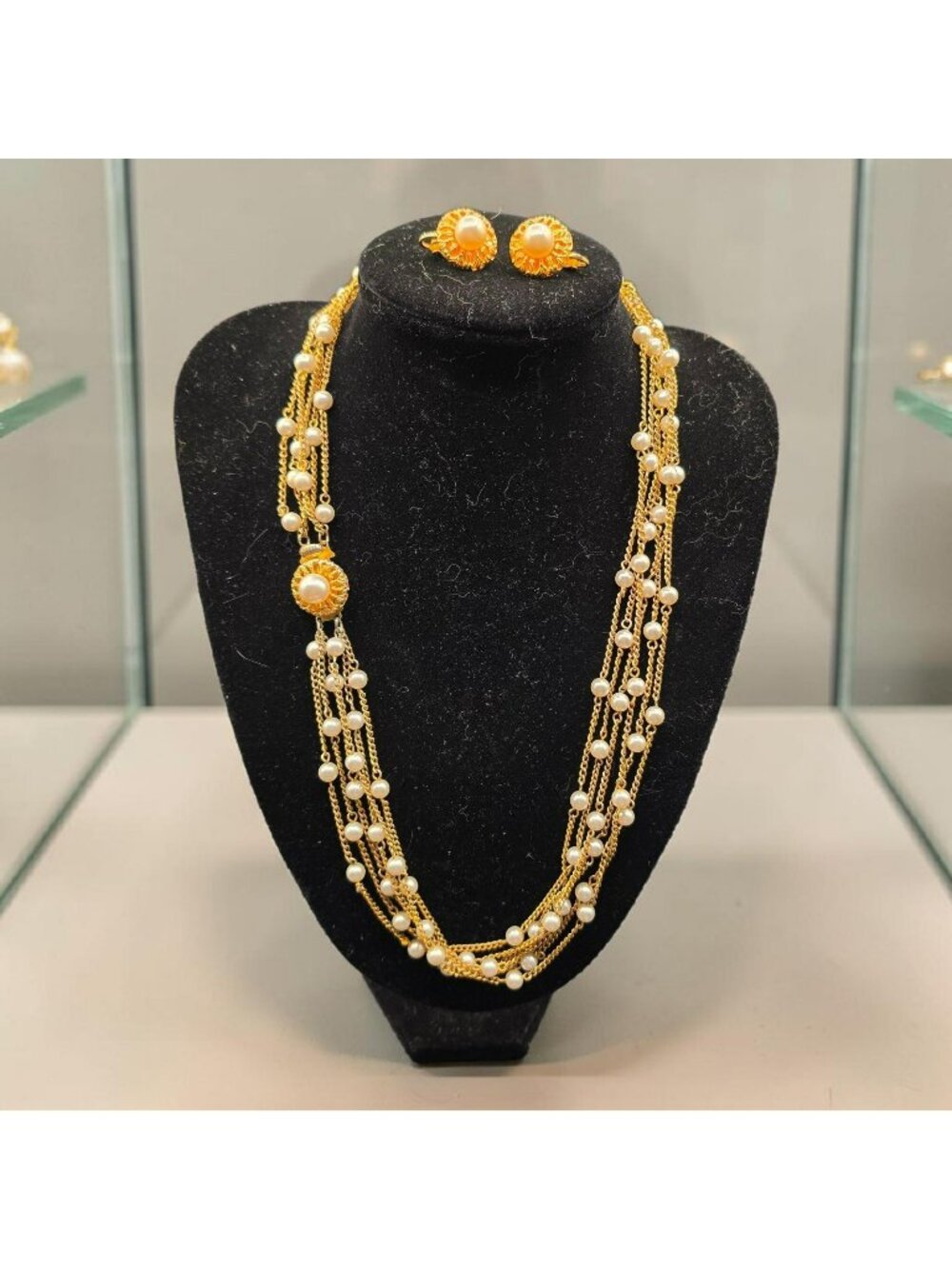 24" Faux Pearl 6-Strand Gold-Tone Necklace Matching Clip-On Earrings